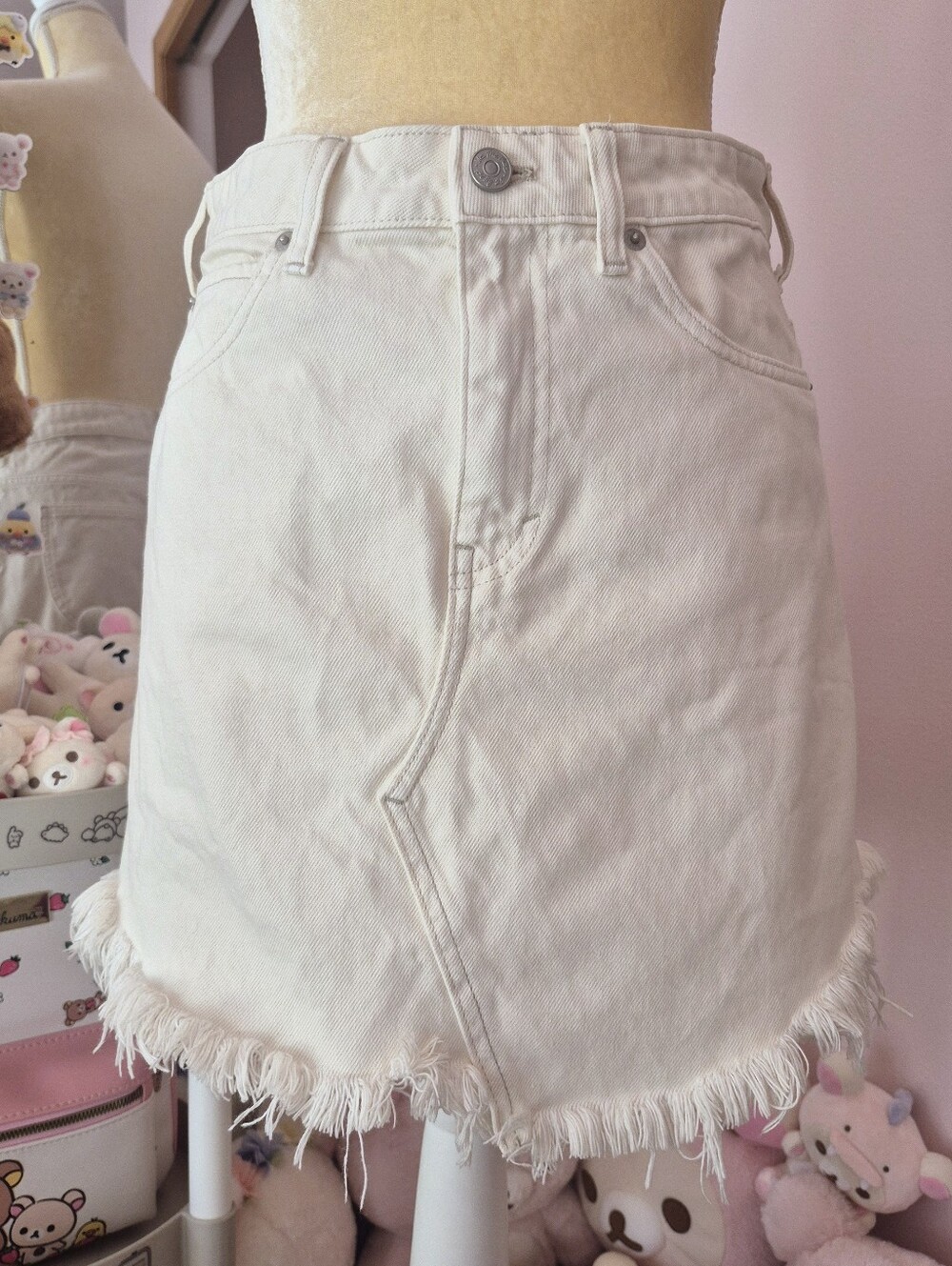 We The Free By Free People Cream Denim Skirt W/ Frayes Hem